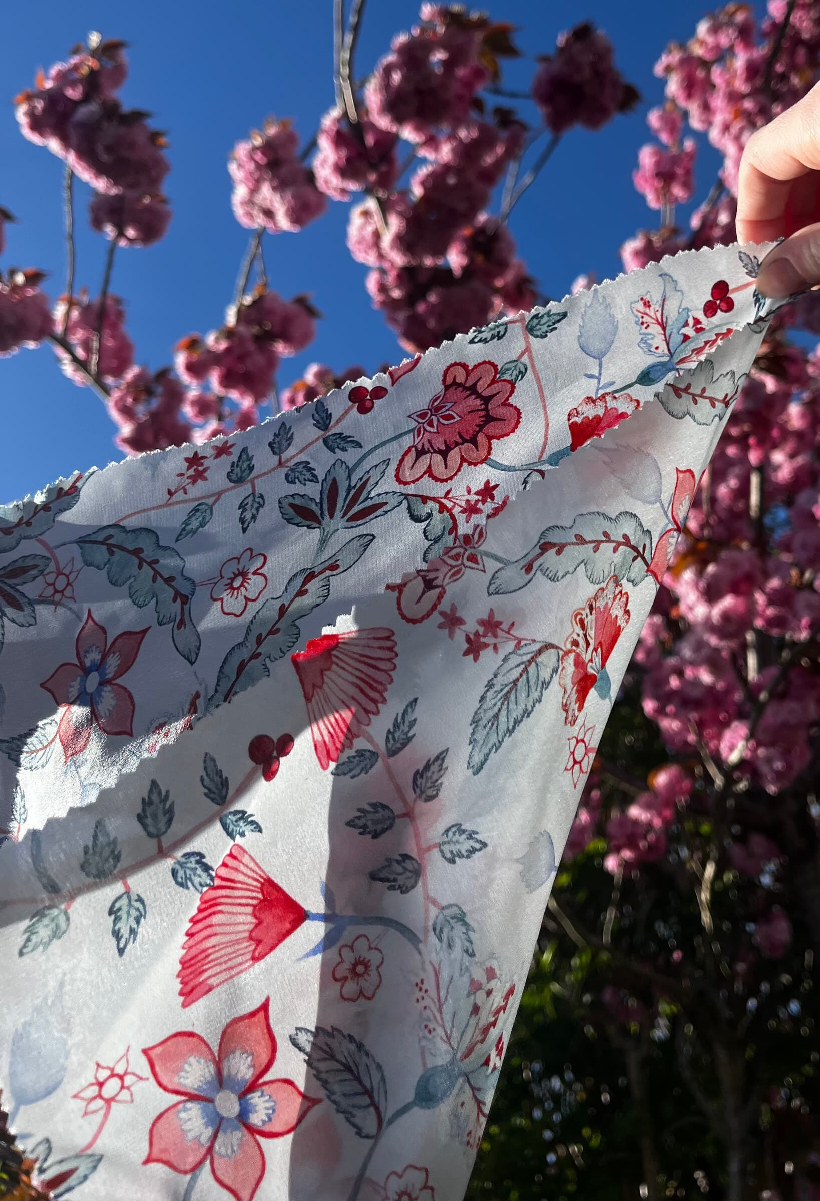 A silk swatch printed with one of Kaitlin Brophy's original patterns